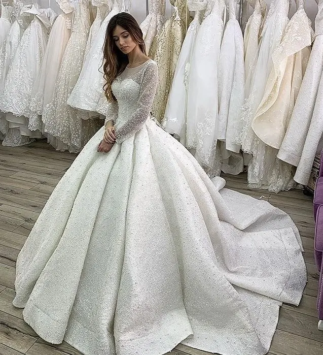 Ladies Long Sleeve Satin Ball Gown Bridal Wedding Dress