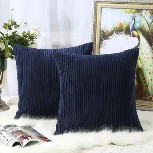 沙发床沙发装饰抛枕头套，条纹灯芯绒天鹅绒垫套 18x 18 英寸, 海军蓝色