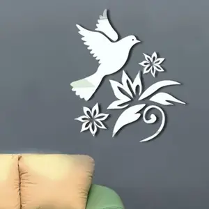 Láser de corte de aves flor 3D casa pegatinas Pared de espejo de acrílico DIY engomada