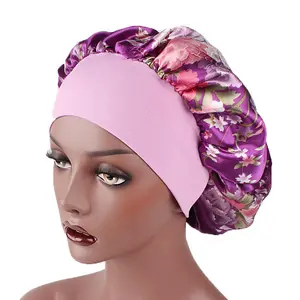 Di nuovo Modo di Lusso Del Fiore Cofano Hijab Bandana Raso Floreale Stampa Chemio A Pelo del Cappello del Cofano
