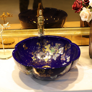 <span class=keywords><strong>Lavabo</strong></span> in Ceramica di Jingdezhen Design a Farfalla, Lavandino da Appoggio in Porcellana Nero e Blu a Forma di Fiore per <span class=keywords><strong>Bagno</strong></span> - Product Image 2