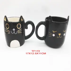 大型猫咪动物彩色定制印花咖啡杯陶瓷咖啡杯猫黑色动物饮水杯奶茶3D猫咪马克杯