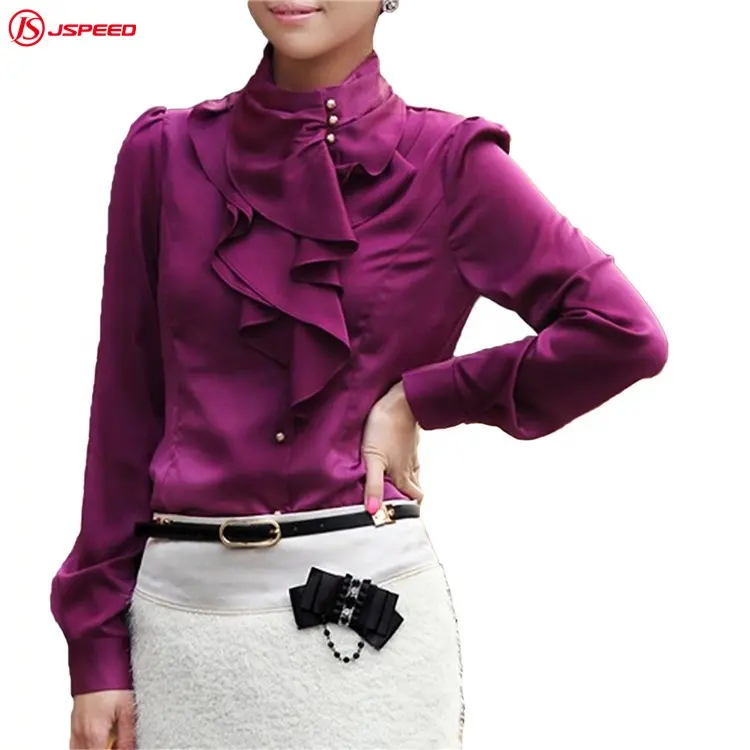 Women high quality sexy purple silk shirt blouse with long sleeve