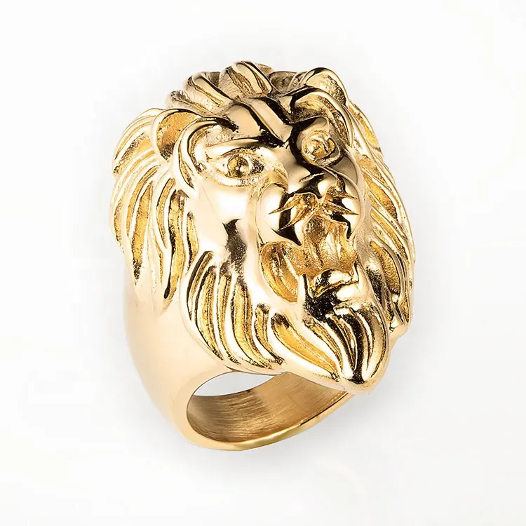 Custom Wholesale Fashion Animal Jewelry Stainless Steel Gold Plated Lion Head Finger Ring For Men
