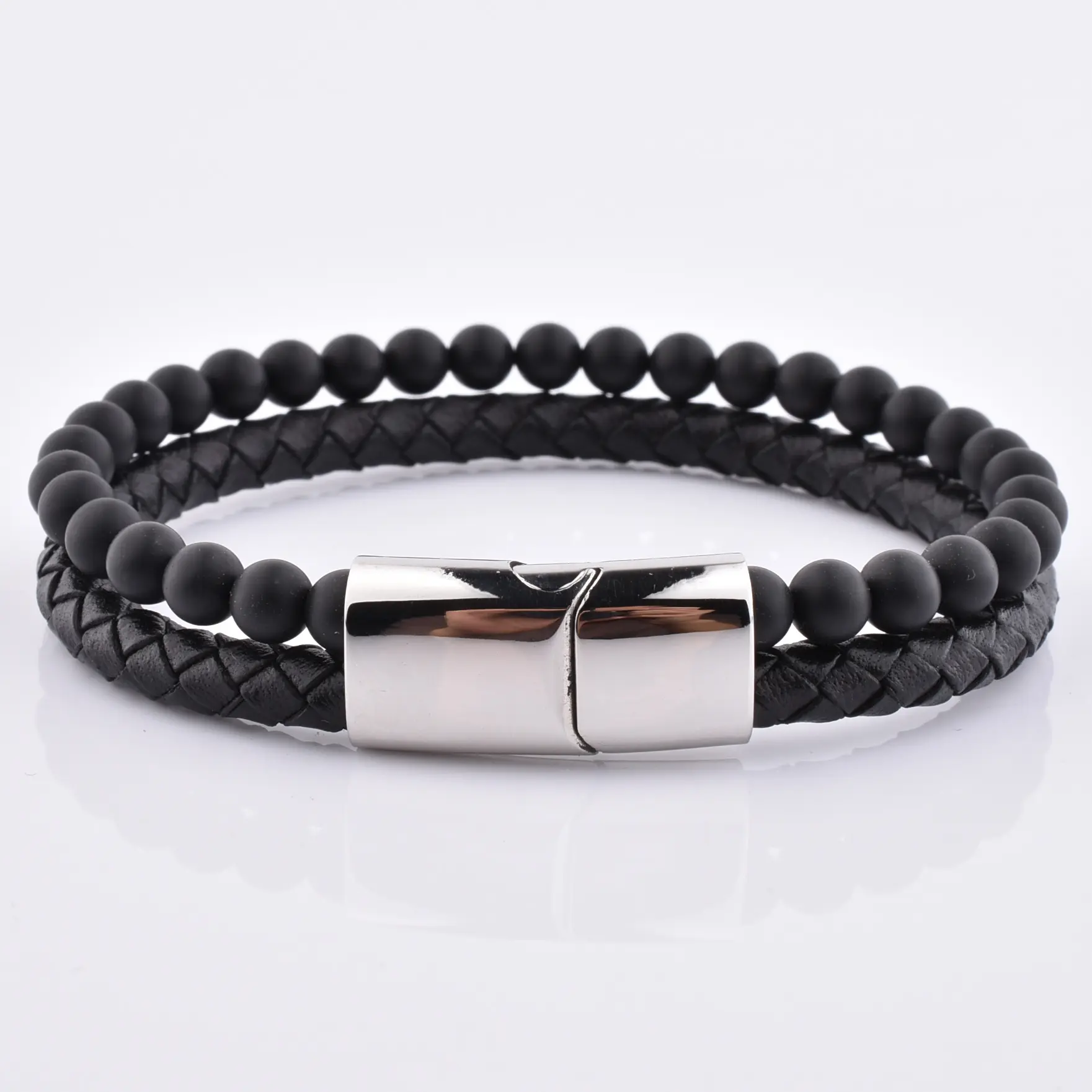 Europe Quality Fashion Style Permanent Stainless Steel Clasp Jewelry Gemstone Leather Double Layer Bracelet