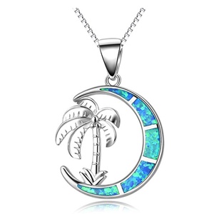Best Sale 925 Sterling Silver Moon and Plam Tree Blue Fire <strong>Opal</strong> <strong>Pendant</strong> - Product Image 1