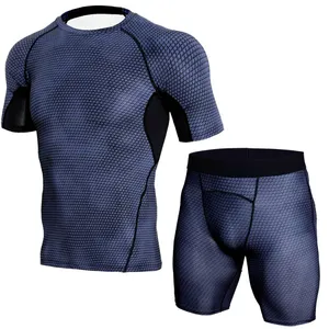 Cheap Custom New Pattern 2 pieces Gym Compression Sets Men's Compression Sport T-shirt and Short set