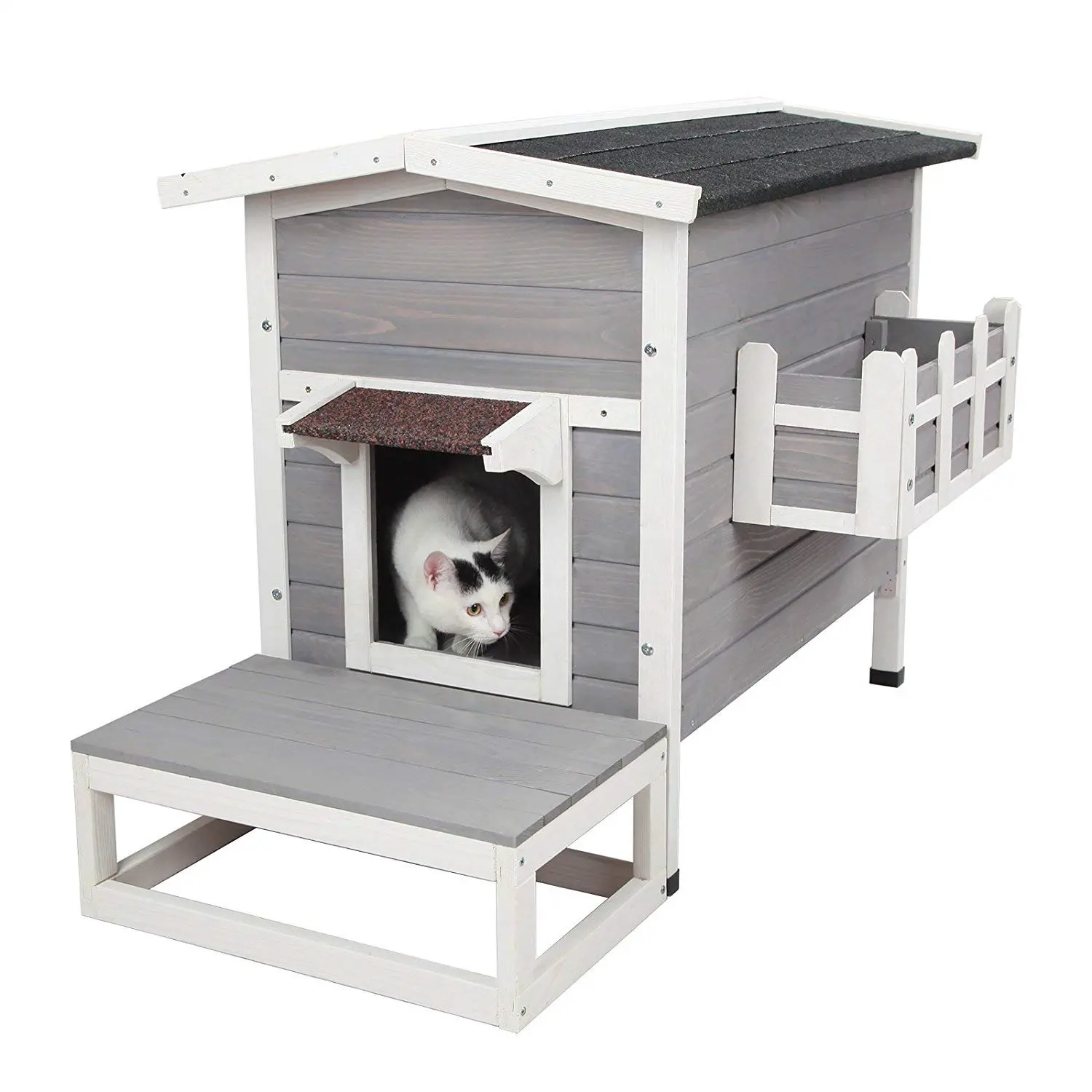 सीढ़ी बिल्ली शिविर के साथ मौसमरोधी आउटडोर बिल्ली घर झोपड़ी/पिंजरे/कोंडो