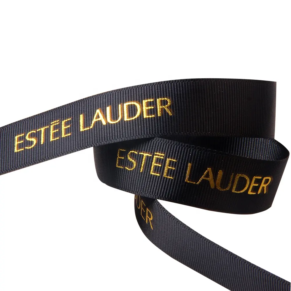 Wholesale Custom 1 Inch Black Polyester Ribbon Gold Foil Logo Grosgrain Printed Ribbon