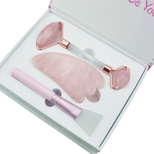Handheld rose quartz face roller gua sha beauty facial massage rose jade roller set for face with box
