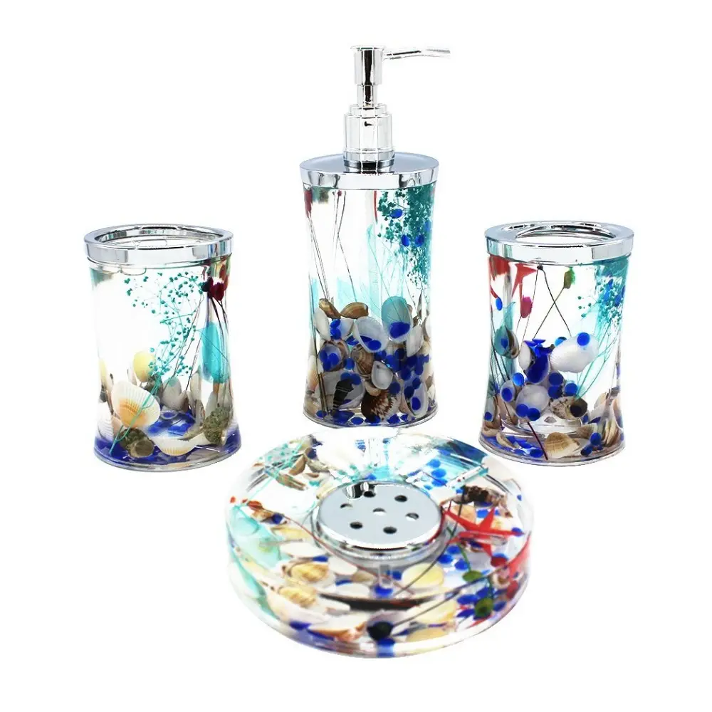 Conjunto de organizador de baño de la serie Ocean, diseño único, juego de accesorios de lavado de baño acrílico con cristal azul y concha de mar