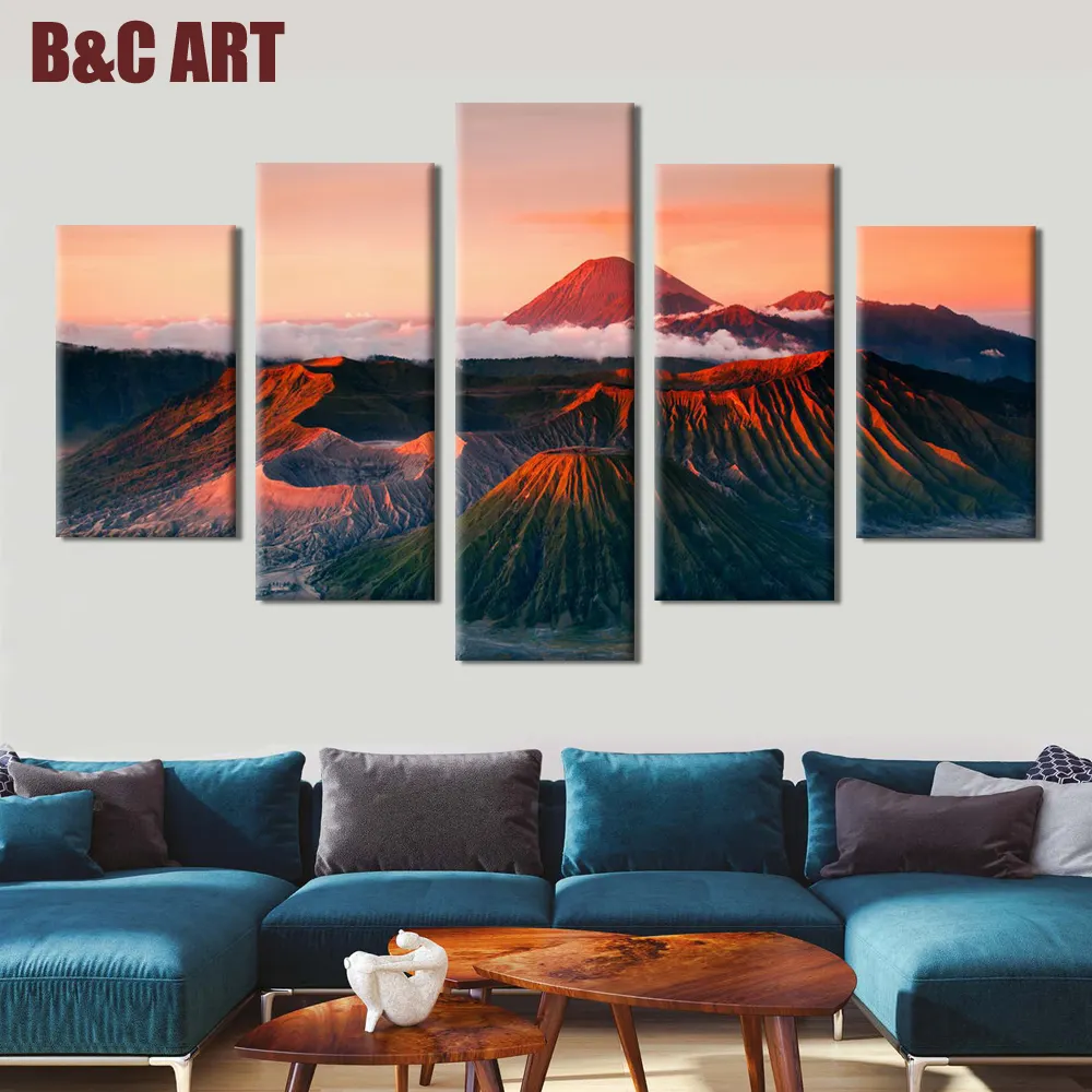 Wholesale Wall Art 5 Panels Mountain Landscape Canvas Art Framed Cuadros Decorativos