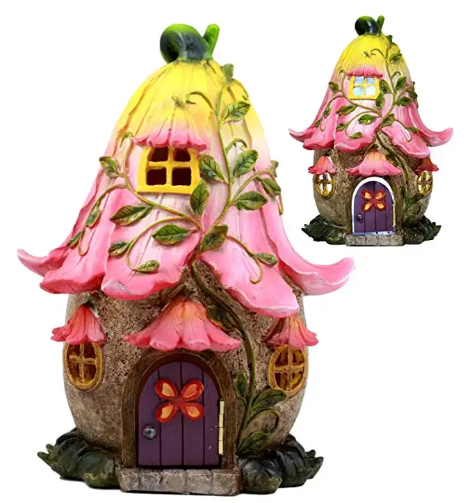 Luz Solar en miniatura para jardín, figura de hada encantada, trompeta, casa de cabaña de lirio con puerta móvil