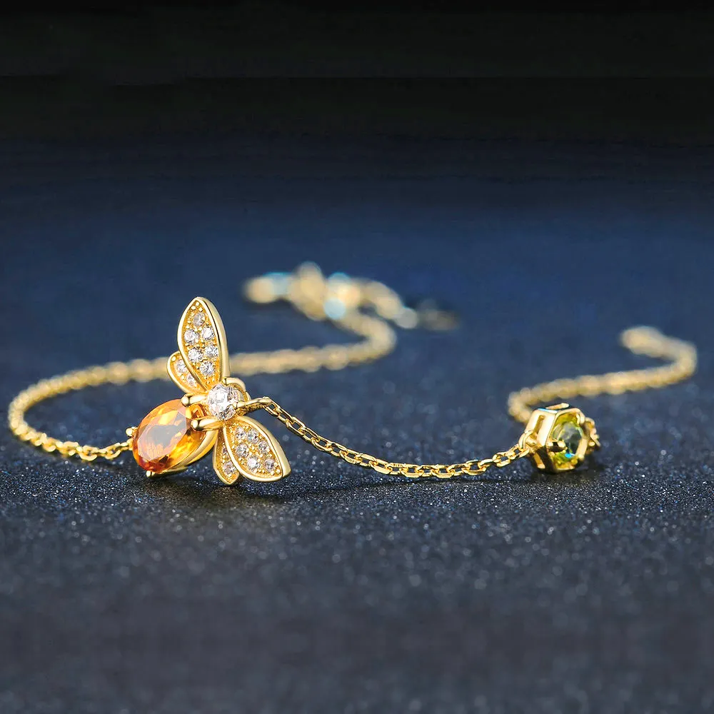 OB Jewelry-100% Natural Oval Citrine Stone Bee Bracelet 925 Sterling Silver Bee Jewelry Gold Color Chain Charm Bracelet