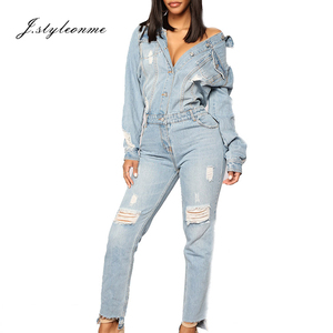 Custom mujeres Romper con cuello botón hasta bolsillos manga larga de alta cintura azul <span class=keywords><strong>denim</strong></span> jumpsuit - Product Image 1