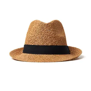 Chapeau de paille avec Logo personnalisé imprimé, chapeau de personnage Panama, ruban d'herbe naturel et corde uni pour adultes, unisexe
