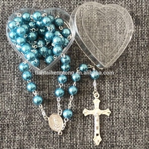 8mm Rosenkranz perlen aus blauer Perle, katholische Halskette mit Rosenkranz box mit klarem Herzen
