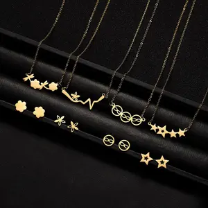 Charm Gold Plated Stainless Steel Star Heart Cat Pendant Necklace Earrings Jewelry Set For Women