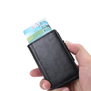 热卖聚氨酯真皮超薄射频识别商务信用卡夹金属铝弹出式钱包