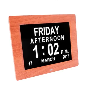 Dementie Klok marco exterior de 8 pulgadas calendario digital de madera alarma reloj de día de demencia con marco de fotos