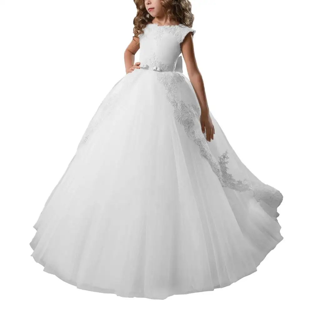 فستان سهرة للفتيات الصغيرات, فستان سهرة باللون الأبيض والشامبين مزين بالدانتيل ومزين بالورود وبطول الأرض
