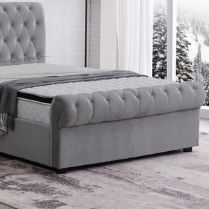 UKFR Gas Lift Storage Button Tufted Crystal Diamond Upholstered Plush Velvet Fabric Chesterfield <strong>Sleigh</strong> <strong>Bed</strong>