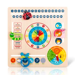 Multifunction 6 in 1 hanging early education learning kids clock date weather chart wooden calendar toy