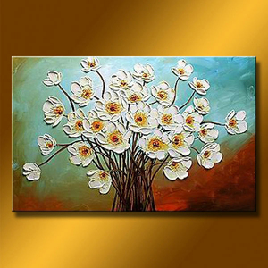 Dipinto Acrilico <span class=keywords><strong>su</strong></span> <span class=keywords><strong>Tela</strong></span> con Fiori Bianchi Astratti e Texture per Decorazione <span class=keywords><strong>Soggiorno</strong></span> - Product Image 4