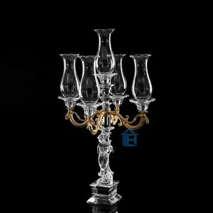 Candelabros de cristal de tallo largo, 5 brazos, para centros de mesa de boda, venta al por mayor