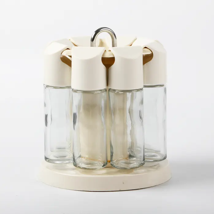 Rak Bumbu Plastik Berputar, dengan 8 Buah Botol Bumbu Kaca, Botol Bumbu Kaca Berputar