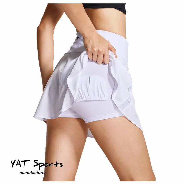 Panel kain jala samping rok olahraga kantong ritsleting belakang dua kantong pemutar bola rok tenis desain kustom