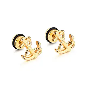 Fashion jewellery stainless steel simple gold anchor shaped designs stud earrings for men