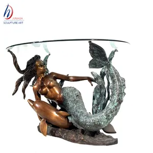 Metal Mermaid Sculpture Table Brass Glass Coffee Table