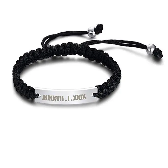 Stainless Steel ID Plate Bracelets Custom Engraving Handmade Braided Rope Adjustable Wrist Bracelet for Men Women