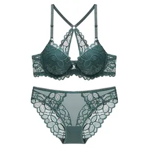 Vrouwen Dames Sexy Ondergoed Bralette Dunne Voorsluiting Push Up Borduren Kanten Beha Set met Schoonheid Terug