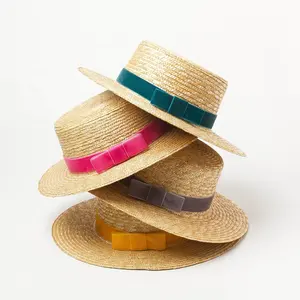 Custom High Quality Wheat Straw Boater Hat with Velvet Ribbon Bow
