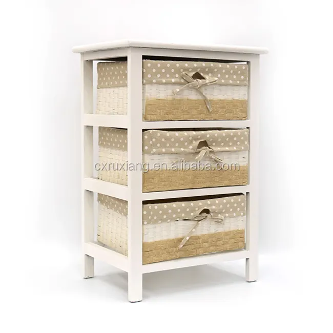 Colore bianco legno rustico 3 cassetti armadio armadio con cestino di paglia