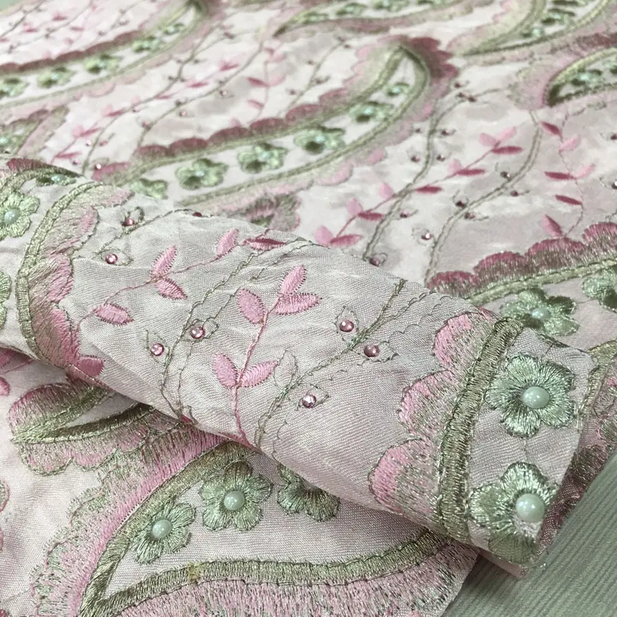 latest new design all over embroidery satin fabric with stones and pearls pink lace fabric for clothing