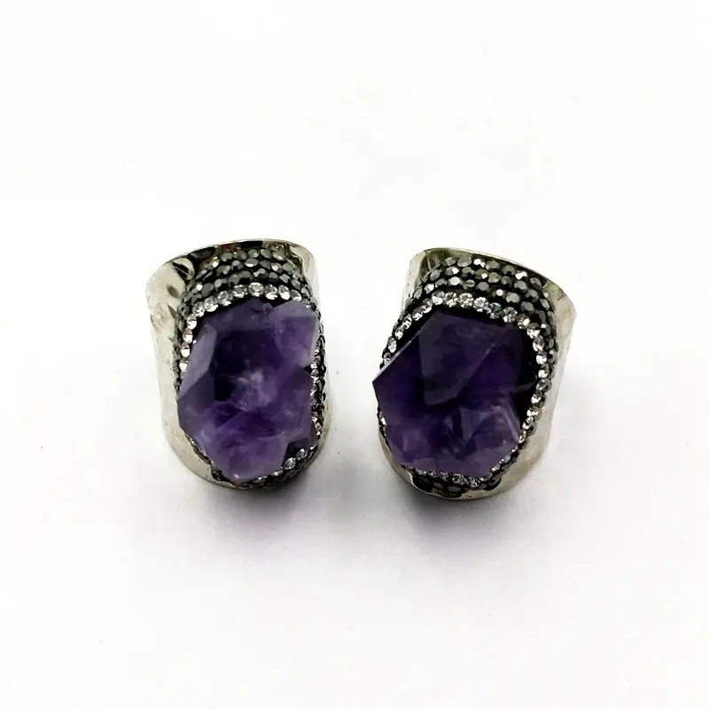 หลายสีชุบแฟนซีธรรมชาติดิบ Amethyst poit ดอกไม้ Druzy หมั้นวงแหวน pave rhinestones