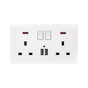 FIKO British standard white two-person switch with two 13A tripole square corner wall power outlet with USB indicator