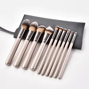 Baru 10 Buah Gagang Warna Sampanye Kopi Kopi Set Kuas Makeup Kosmetik Kelas Atas dengan Tas PU Portabel Penjualan Online Populer