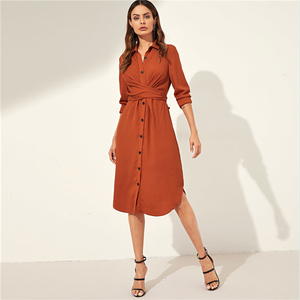 Abito Camicia <span class=keywords><strong>Arancione</strong></span> con Nodo sulla Schiena e Orlo Curvo, <span class=keywords><strong>Vestito</strong></span> da Ufficio a <span class=keywords><strong>Maniche</strong></span> <span class=keywords><strong>Lunghe</strong></span> per Donne, Elegante Abito Midi Femminile - Product Image 4