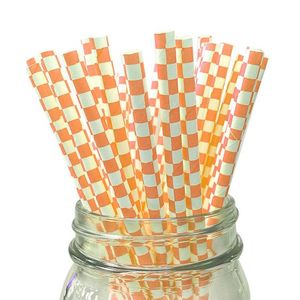 Checkered <span class=keywords><strong>Orange</strong></span> 25 PCs paper straws biodegradable friendly environmental food grade paper drinking straws - Product Image 1