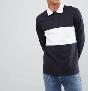 Custom Men 'S 반 Zip 탑 긴 Sleeve Block 럭비 Polo Shirt 와 Contrast Panel