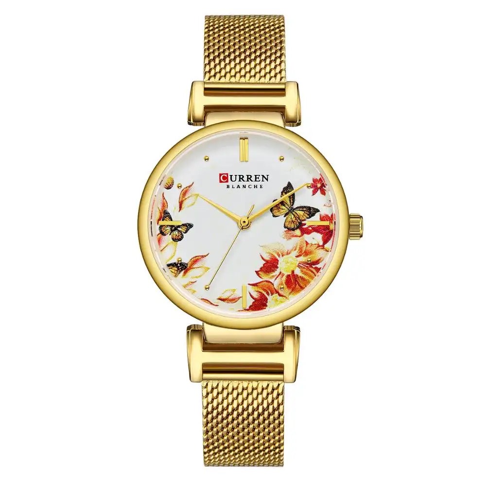 CURREN 9053 Ladies Quartz Watches Stainless Steel Fashion Beautiful Flower Design Wrist Watch for Summer Clock