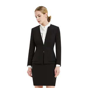 Conjunto de traje de negocios para mujer, chaqueta de trabajo ajustada de dos piezas y vestido negro, venta al por mayor de fábrica