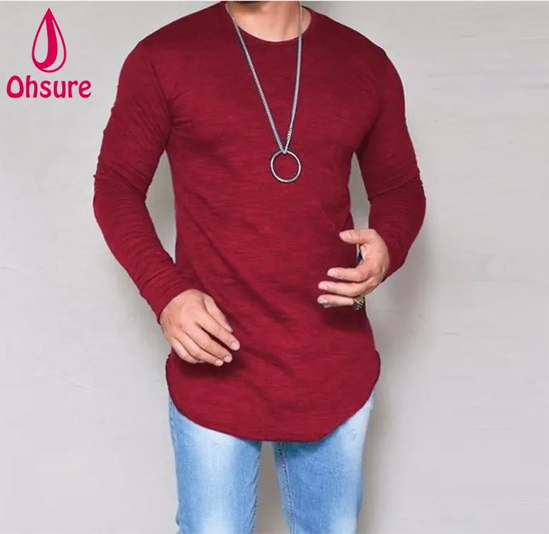 Men Fashion Casual Slim Elastic Soft Solid Long Sleeve Fit Tops Tee Longline t-shirt