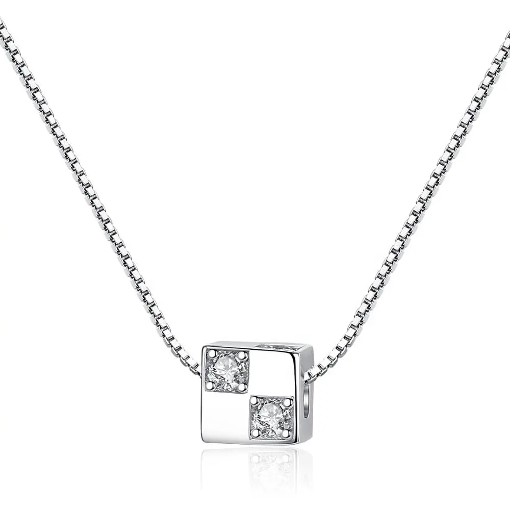 CZCITY Delicate White Gold Plated Square Shape 925 Sterling Silver Necklace Clear CZ Pendant