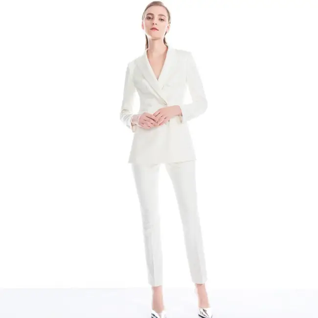 Modern lady office wears fashion white double breast two piece suit women coat pant design blazer suit