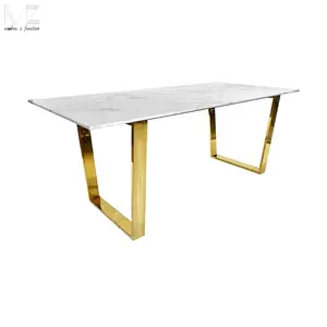 Toptan lüks Modern mutfak otel masaları dikdörtgen mermer masa altın metal taban yemek masası